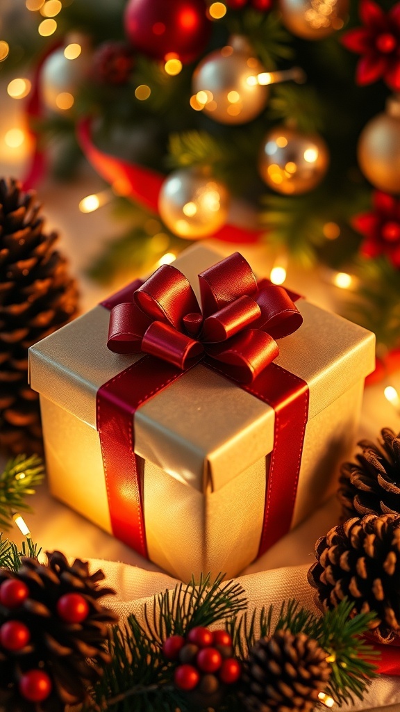 A wrapped Christmas gift box with decorations, symbolizing thoughtful gifting.